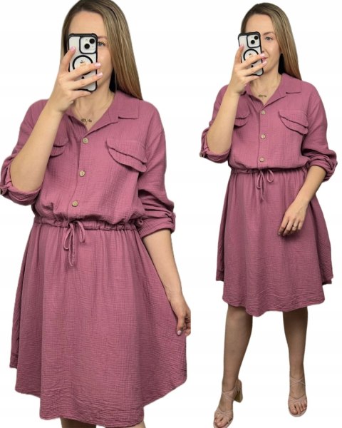 Sukienka koszulowa muślinowa brudny róż guziki długi rękaw L XL XXL Sukienka koszulowa muślinowa brudny róż guziki długi rękaw L XL XXL