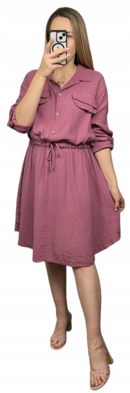 Sukienka koszulowa muślinowa brudny róż guziki długi rękaw L XL XXL