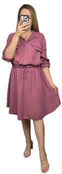 Sukienka koszulowa muślinowa brudny róż guziki długi rękaw L XL XXL