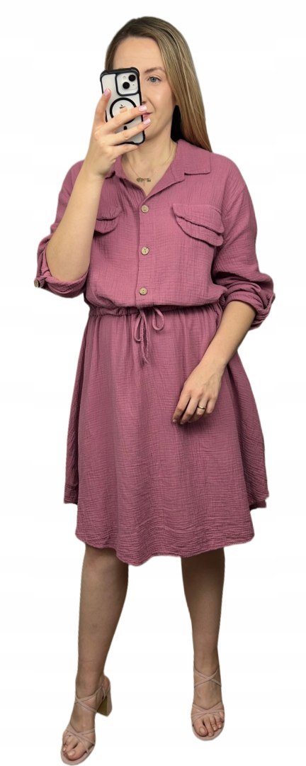 Sukienka koszulowa muślinowa brudny róż guziki długi rękaw L XL XXL Sukienka koszulowa muślinowa brudny róż guziki długi rękaw L XL XXL
