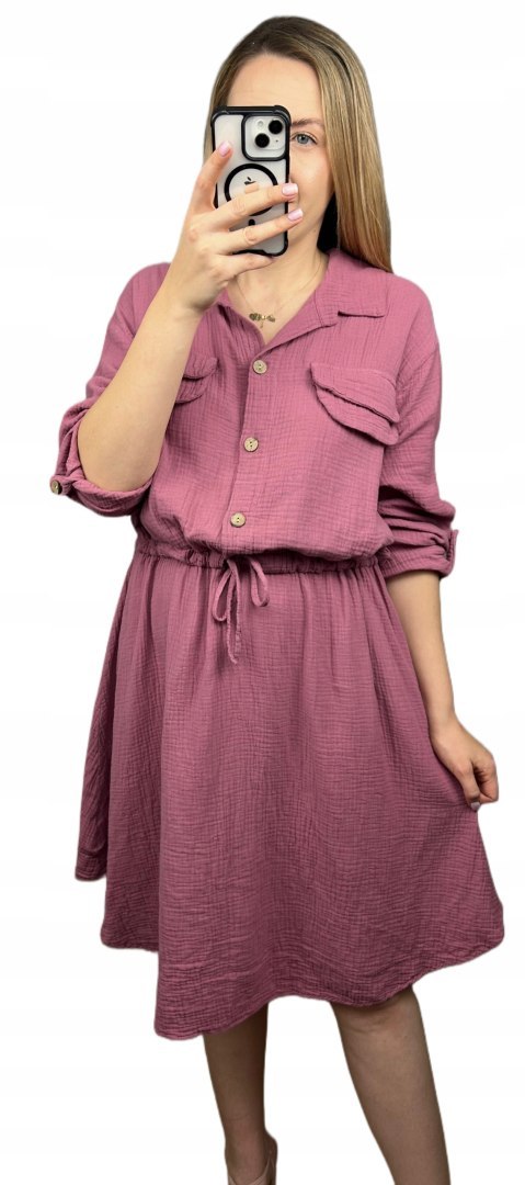 Sukienka koszulowa muślinowa brudny róż guziki długi rękaw L XL XXL Sukienka koszulowa muślinowa brudny róż guziki długi rękaw L XL XXL