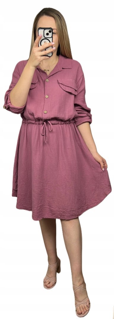 Sukienka koszulowa muślinowa brudny róż guziki długi rękaw L XL XXL Sukienka koszulowa muślinowa brudny róż guziki długi rękaw L XL XXL