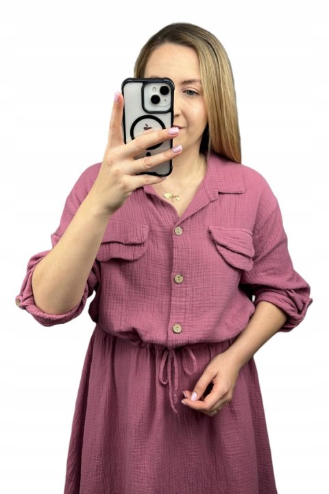 Sukienka koszulowa muślinowa brudny róż guziki długi rękaw L XL XXL Sukienka koszulowa muślinowa brudny róż guziki długi rękaw L XL XXL