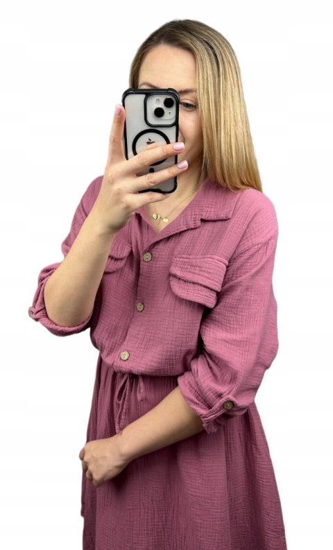 Sukienka koszulowa muślinowa brudny róż guziki długi rękaw L XL XXL Sukienka koszulowa muślinowa brudny róż guziki długi rękaw L XL XXL