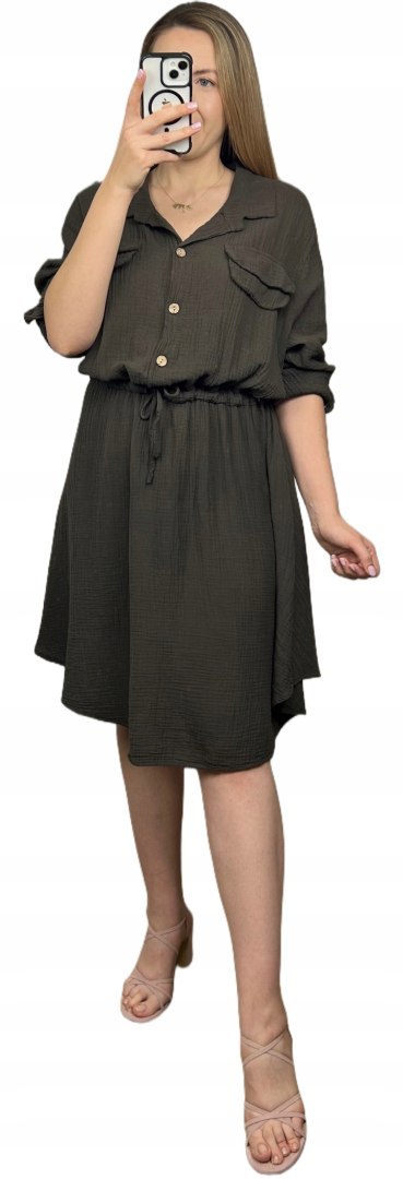 Sukienka koszulowa muślinowa czekoladowa brąz guziki długi rękaw L XL XXL Sukienka koszulowa muślinowa czekoladowa brąz guziki długi rękaw L XL XXL