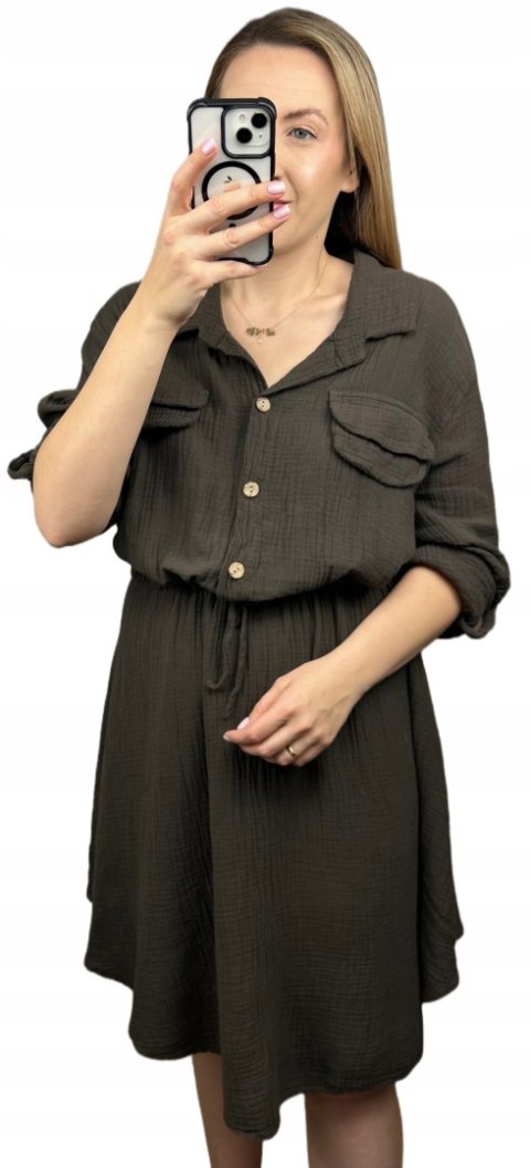 Sukienka koszulowa muślinowa czekoladowa brąz guziki długi rękaw L XL XXL Sukienka koszulowa muślinowa czekoladowa brąz guziki długi rękaw L XL XXL