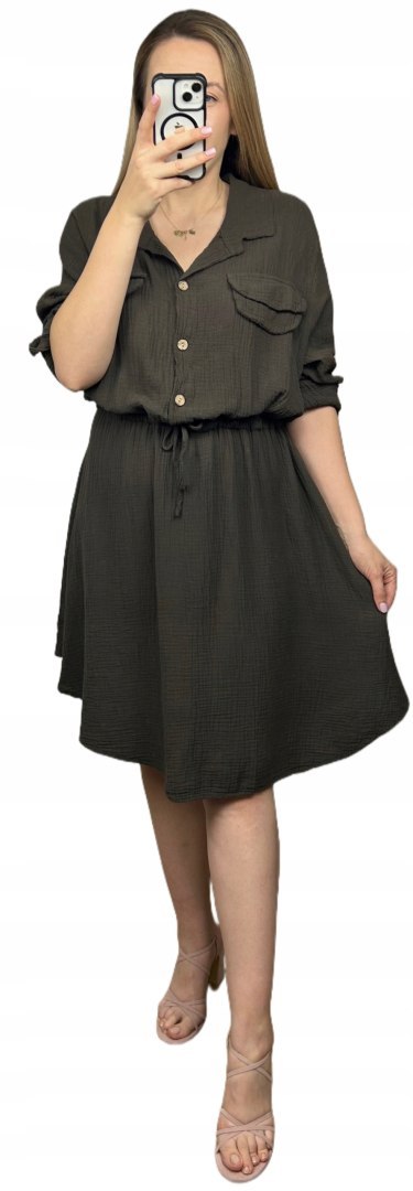 Sukienka koszulowa muślinowa czekoladowa brąz guziki długi rękaw L XL XXL Sukienka koszulowa muślinowa czekoladowa brąz guziki długi rękaw L XL XXL