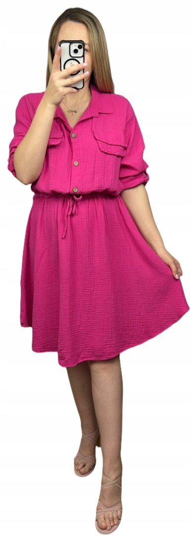 Sukienka koszulowa muślinowa fuksja róż guziki długi rękaw L XL XXL