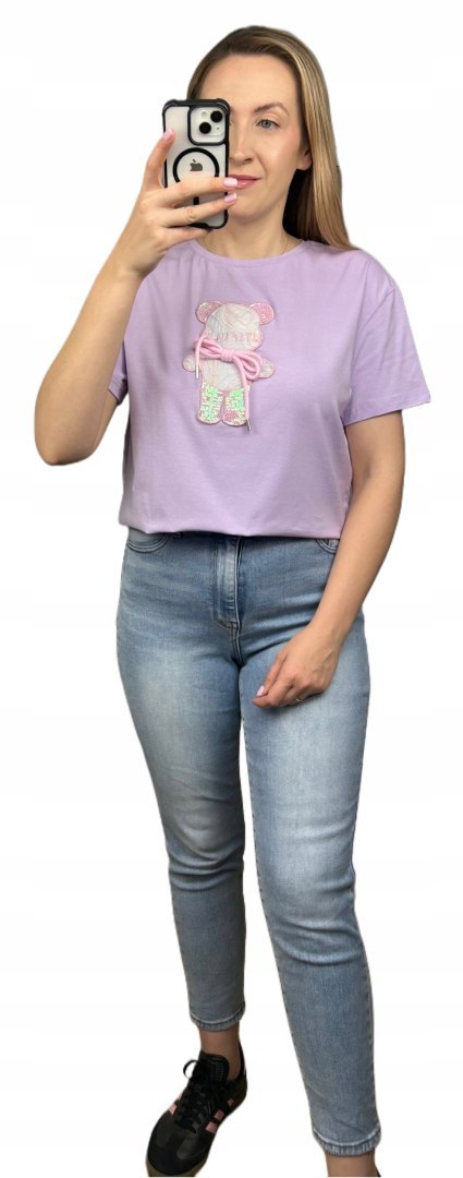 T-shirt koszulka bawełniana luźna kokardka bawełna miś cekiny Motion S M L T-shirt koszulka bawełniana luźna kokardka bawełna miś cekiny Motion S M L