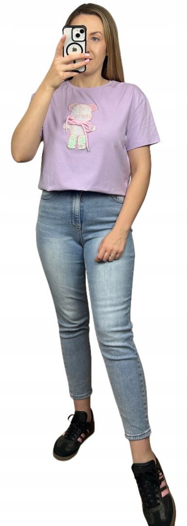 T-shirt koszulka bawełniana luźna kokardka bawełna miś cekiny Motion S M L T-shirt koszulka bawełniana luźna kokardka bawełna miś cekiny Motion S M L