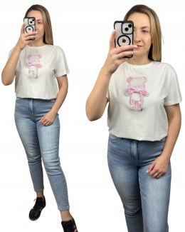 T-shirt koszulka bawełniana luźna kokardka bawełna miś cekiny Motion S M L
