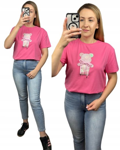 T-shirt koszulka bawełniana luźna kokardka bawełna miś cekiny Motion S M L