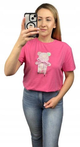 T-shirt koszulka bawełniana luźna kokardka bawełna miś cekiny Motion S M L