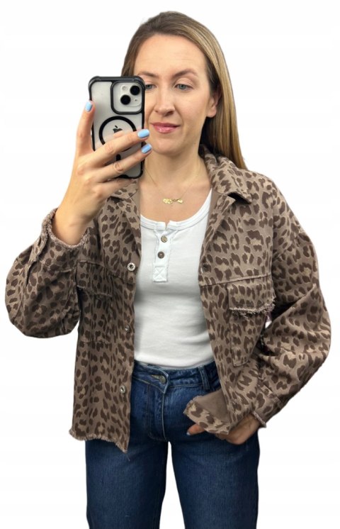 Katana jeansowa w panterkę cętki czekoladowa kieszenie bawełniana Azara - JUNGLE DENIM