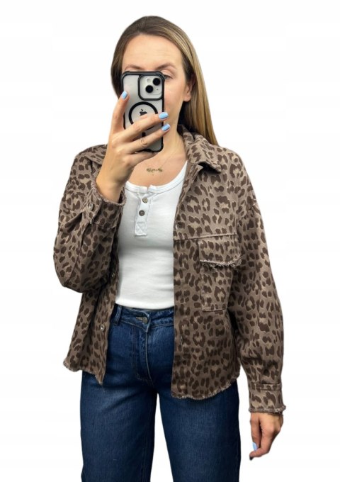 Katana jeansowa w panterkę cętki czekoladowa kieszenie bawełniana Azara - JUNGLE DENIM