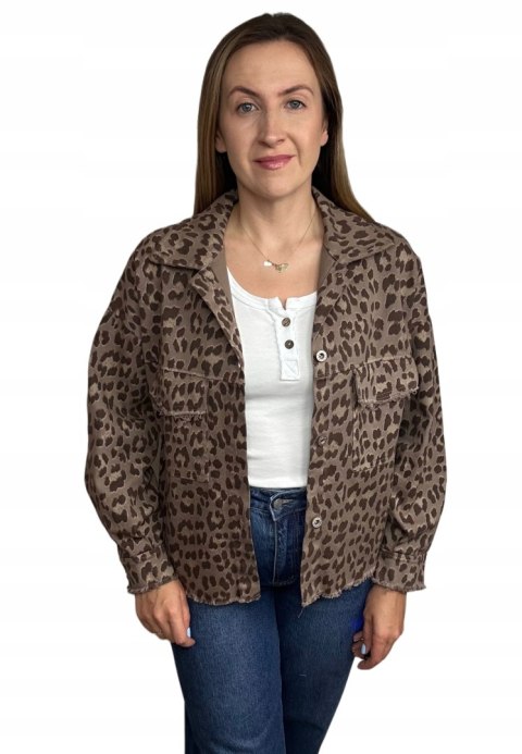 Katana jeansowa w panterkę cętki czekoladowa kieszenie bawełniana Azara - JUNGLE DENIM