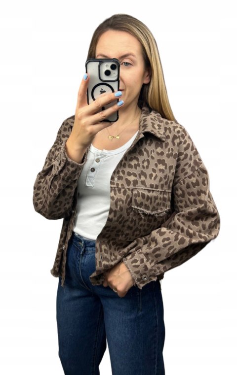Katana jeansowa w panterkę cętki czekoladowa kieszenie bawełniana Azara - JUNGLE DENIM