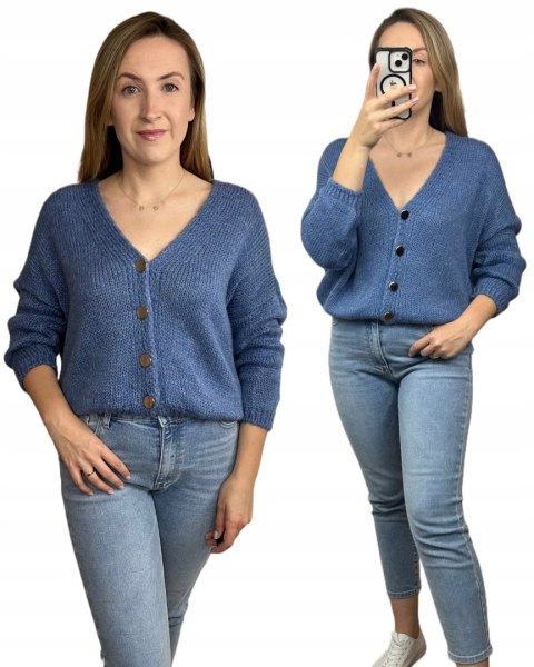 Krótki kardigan niebieski jeans sweterek miękki bioder luźny złote guziki