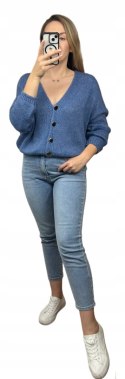 Krótki kardigan niebieski jeans sweterek miękki bioder luźny złote guziki