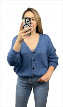 Krótki kardigan niebieski jeans sweterek miękki bioder luźny złote guziki