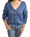 Krótki kardigan niebieski jeans sweterek miękki bioder luźny złote guziki