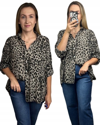 Luźna koszula w panterkę cętki 100% wiskoza wywijane rękawy fango - LEO TOUCH