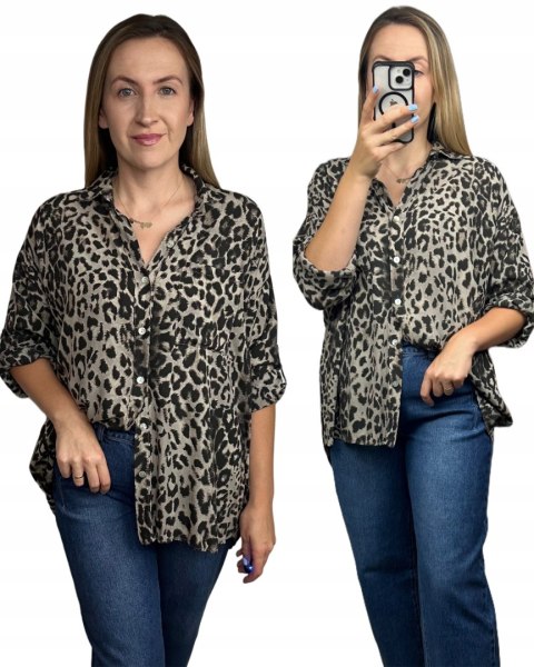 Luźna koszula w panterkę cętki 100% wiskoza wywijane rękawy fango - LEO TOUCH Luźna koszula w panterkę cętki 100% wiskoza wywijane rękawy fango - LEO TOUCH
