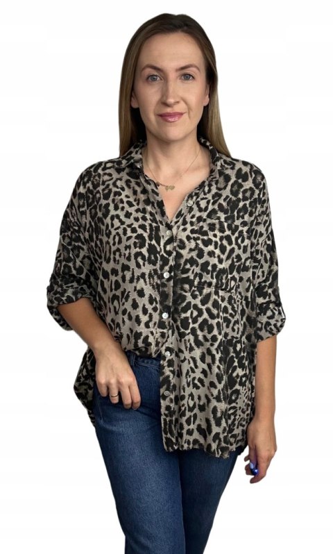 Luźna koszula w panterkę cętki 100% wiskoza wywijane rękawy fango - LEO TOUCH Luźna koszula w panterkę cętki 100% wiskoza wywijane rękawy fango - LEO TOUCH