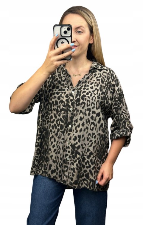 Luźna koszula w panterkę cętki 100% wiskoza wywijane rękawy fango - LEO TOUCH Luźna koszula w panterkę cętki 100% wiskoza wywijane rękawy fango - LEO TOUCH