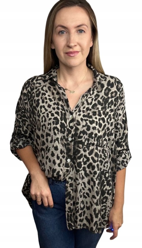 Luźna koszula w panterkę cętki 100% wiskoza wywijane rękawy fango - LEO TOUCH Luźna koszula w panterkę cętki 100% wiskoza wywijane rękawy fango - LEO TOUCH