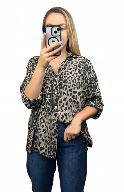 Luźna koszula w panterkę cętki 100% wiskoza wywijane rękawy fango - LEO TOUCH Luźna koszula w panterkę cętki 100% wiskoza wywijane rękawy fango - LEO TOUCH