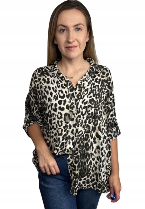 Luźna koszula w panterkę cętki 100% wiskoza wywijane rękawy jasny beż - LEO TOUCH Luźna koszula w panterkę cętki 100% wiskoza wywijane rękawy jasny beż - LEO TOUCH