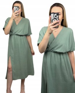 Muślinowa szałwia zielona sukienka midi dłuższa kopertowy dekolt rozcięcie
