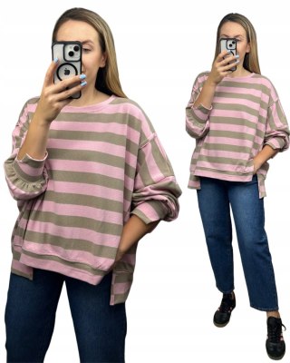Oversize bluza dzianinowa luźna poziome paski z rozcięciami beż róż Azara - COZY STRIPES