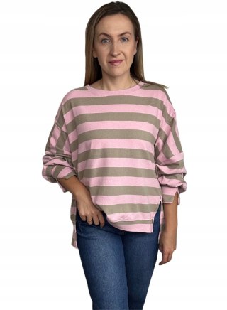 Oversize bluza dzianinowa luźna poziome paski z rozcięciami beż róż Azara - COZY STRIPES