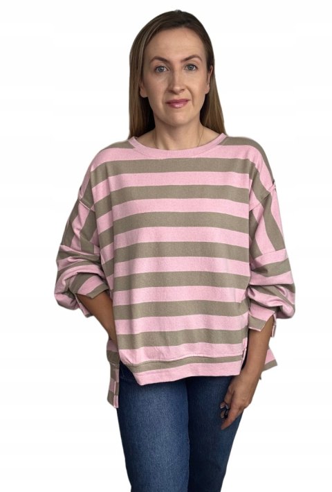 Oversize bluza dzianinowa luźna poziome paski z rozcięciami beż róż Azara - COZY STRIPES