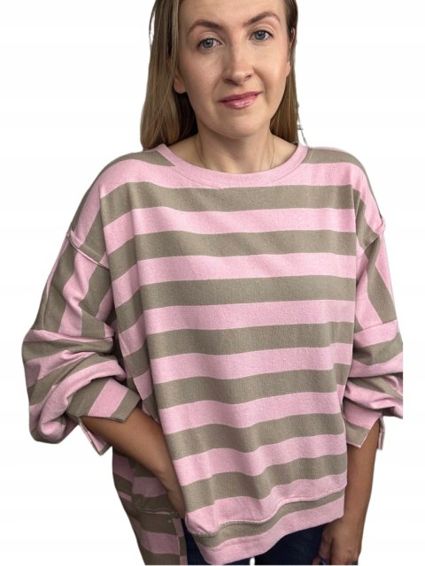 Oversize bluza dzianinowa luźna poziome paski z rozcięciami beż róż Azara - COZY STRIPES