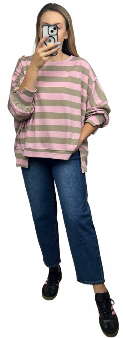 Oversize bluza dzianinowa luźna poziome paski z rozcięciami beż róż Azara - COZY STRIPES