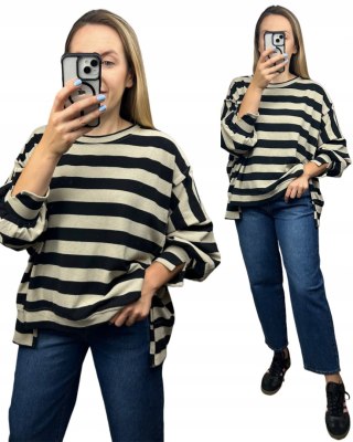 Oversize bluza dzianinowa luźna poziome paski z rozcięciami beżowa Azara - COZY STRIPES