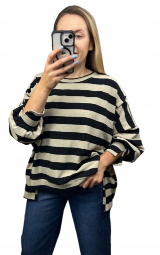 Oversize bluza dzianinowa luźna poziome paski z rozcięciami beżowa Azara - COZY STRIPES