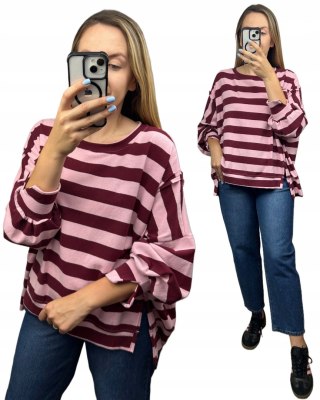 Oversize bluza dzianinowa luźna poziome paski z rozcięciami bordo róż Azara - COZY STRIPES