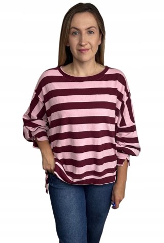 Oversize bluza dzianinowa luźna poziome paski z rozcięciami bordo róż Azara - COZY STRIPES