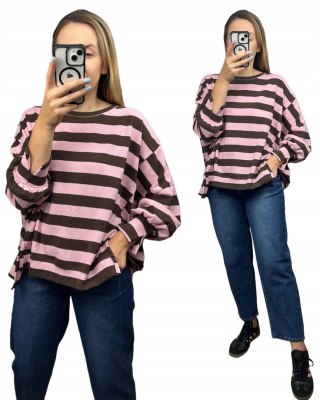 Oversize bluza dzianinowa luźna poziome paski z rozcięciami brąz róż Azara - COZY STRIPES