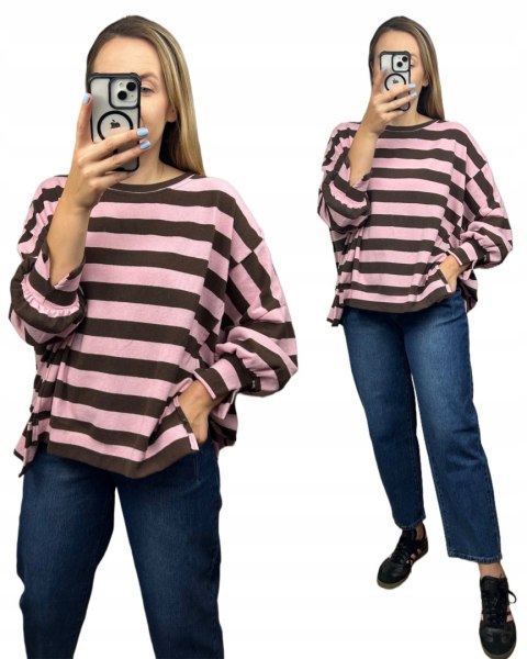 Oversize bluza dzianinowa luźna poziome paski z rozcięciami brąz róż Azara - COZY STRIPES Oversize bluza dzianinowa luźna poziome paski z rozcięciami brąz róż Azara - COZY STRIPES
