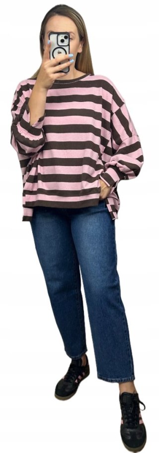 Oversize bluza dzianinowa luźna poziome paski z rozcięciami brąz róż Azara - COZY STRIPES