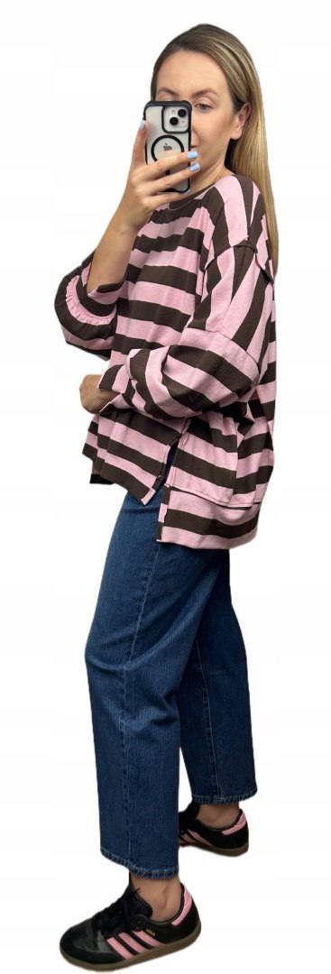 Oversize bluza dzianinowa luźna poziome paski z rozcięciami brąz róż Azara - COZY STRIPES Oversize bluza dzianinowa luźna poziome paski z rozcięciami brąz róż Azara - COZY STRIPES
