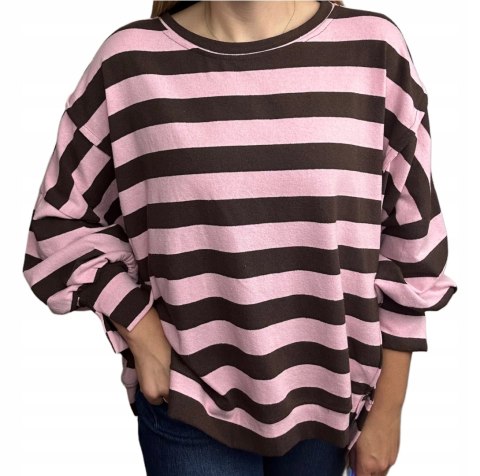 Oversize bluza dzianinowa luźna poziome paski z rozcięciami brąz róż Azara - COZY STRIPES Oversize bluza dzianinowa luźna poziome paski z rozcięciami brąz róż Azara - COZY STRIPES