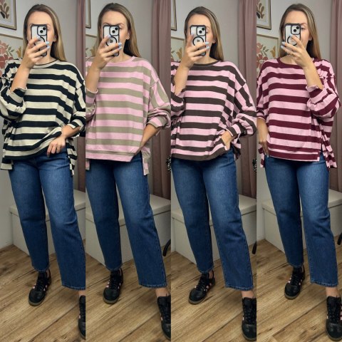 Oversize bluza dzianinowa luźna poziome paski z rozcięciami brąz róż Azara - COZY STRIPES Oversize bluza dzianinowa luźna poziome paski z rozcięciami brąz róż Azara - COZY STRIPES
