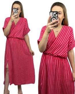 Sukienka maxi długa muślinowa w paski różowa kopertowy dekolt rozcięcie