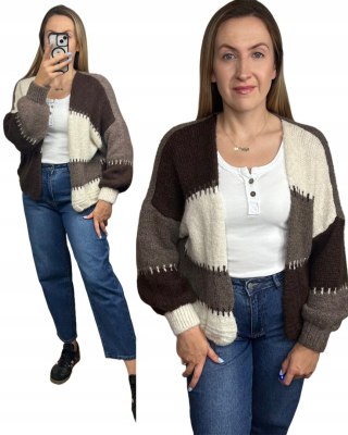 Sweter kardigan oversize bufiaste rękawy brąz czekolada beż wzorzysty - COLOR PATCH